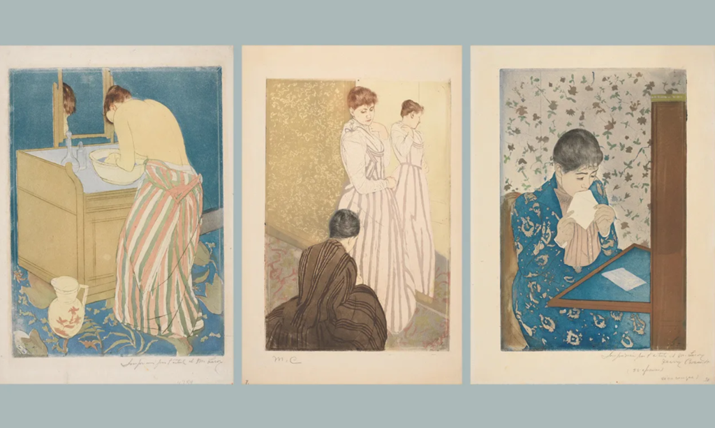 Mary Cassatt: ‘Badende vrouw’, ‘Het doorpassen’ en ‘De brief’ uit 1890-1891, drogenaald, ets en aquatint in kleur op papier. 