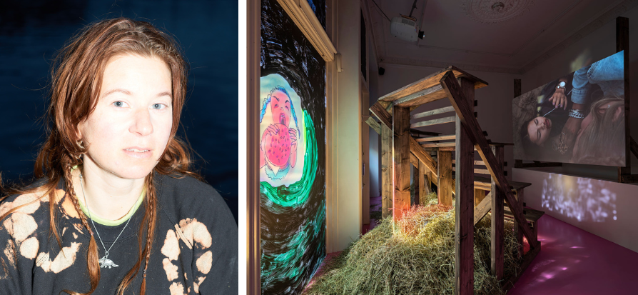 (left) Josefin Arnell. Photograph: Lukas Heistinger. (right) Josefin Arnell, Wild Filly Story, 2021. UKS Oslo. Photograph: Vegard Kleven.