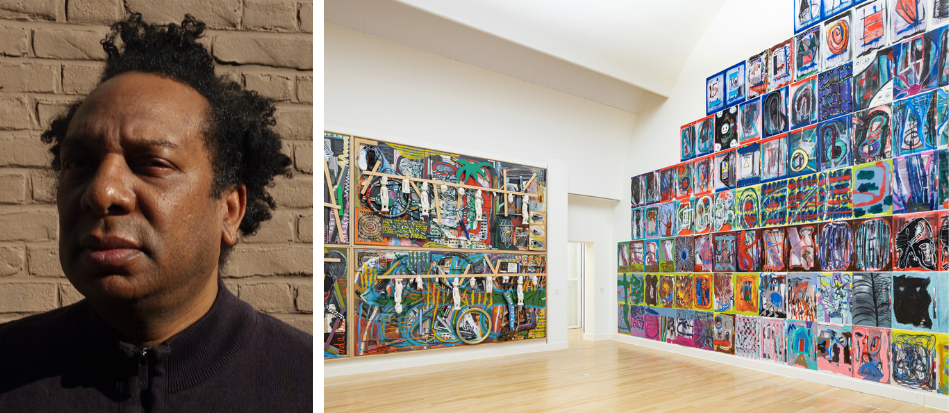 (links) Michael Tedja. Foto: Miek Hoekzema. (rechts) Michael Tedja, The Color Guide Series, 2022. Museum de Fundatie. Foto: Peter Tijhuis.
