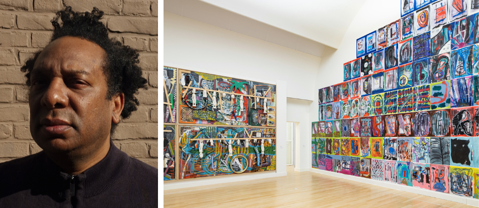 (left) Michael Tedja. Photograph: Miek Hoekzema. (right) Michael Tedja, The Color Guide Series, 2022. Museum de Fundatie. Photograph: Peter Tijhuis.