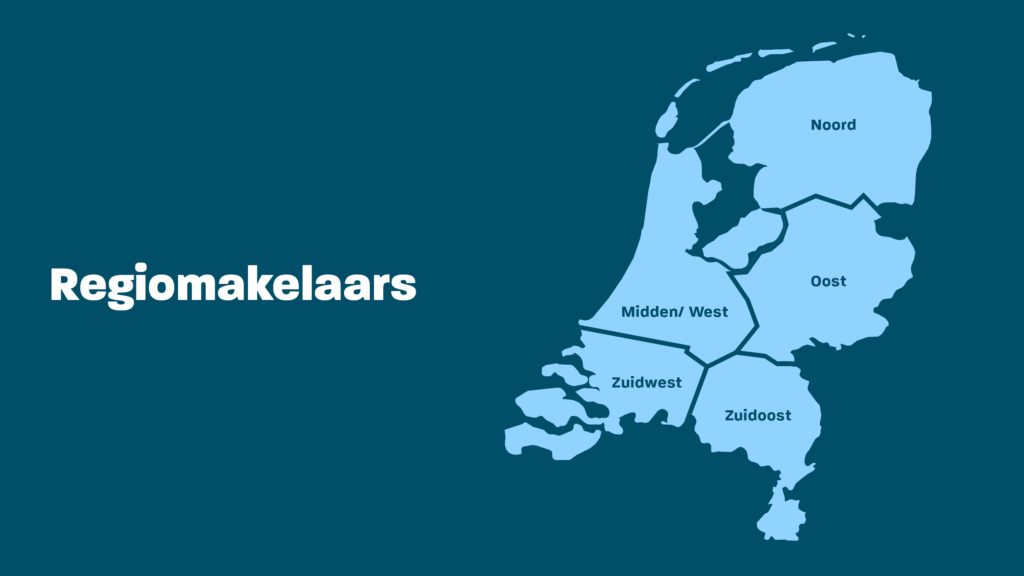 De kaart van Nederland is onderverdeeld in 5 regio's met ieder een eigen regiomakelaar. De regio Noord-Nederland vertegenwoordigt de provincies Drenthe, Groningen, Friesland en noord-Flevoland evenals de Waddeneilanden. De regio Midden en West-Nederland vertegenwoordigt Utrecht, Noord-Holland, het noorden van Zuid-Holland en het zuiden van Flevoland. De regio Oost-Nederland vertegenwoordigt de provincies Overijssel en Gelderland. De regio Zuidoost-Nederland vertegenwoordigt Limburg en het oosten van Noord-Brabant. De regio Zuidwest-Nederland vertegenwoordigt Midden- en West-Brabant, Zeeland en het zuiden van Zuid-Holland.