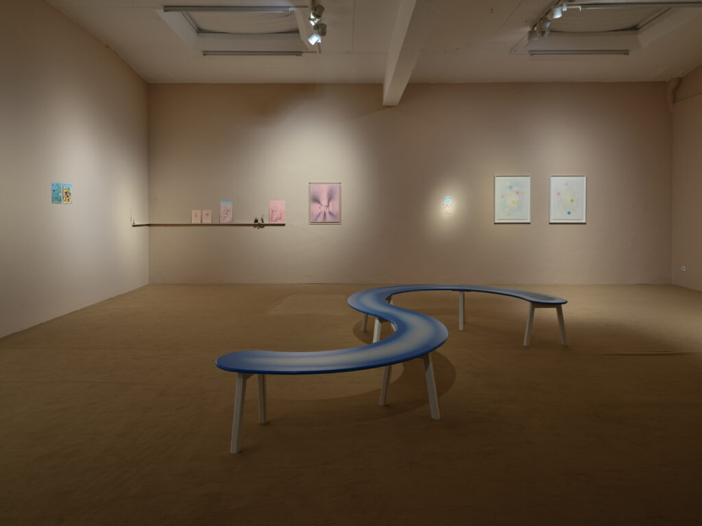 Embracing the Fold, Kinke Kooi en Roland Schimmel, ruimtelijk concept en meubilair van Astrid Kajsa Nylander en Pål Rodenius, installatiebeeld, Temporary Gallery, Center for Contemporary Art, Keulen, 2025. Foto: Simon Vogel 