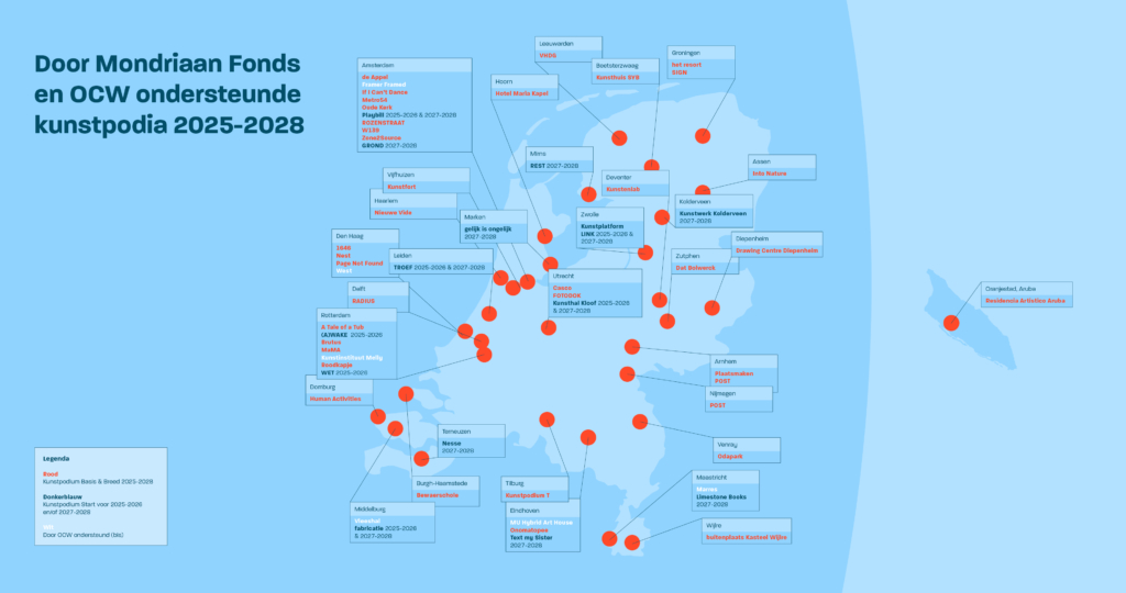 Kaart met door OCW en Mondriaan Fonds ondersteunde kunstpodia in de periode 2025-2028. 